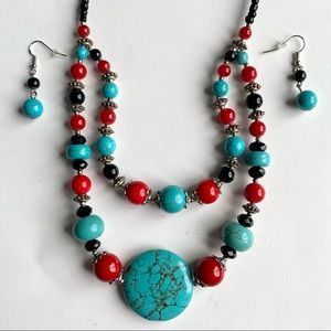 Artisan Turquoise Look Statement Necklace and Earrings with Black and Red Stones